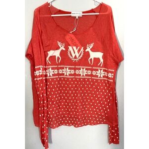Wildfox Sweater Women L Red Reindeer Fair Isle Christmas Scoop Neck Pullover NWT